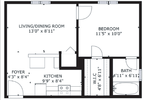 Floor plan for 1 bed, 1 bath, 430 sqft